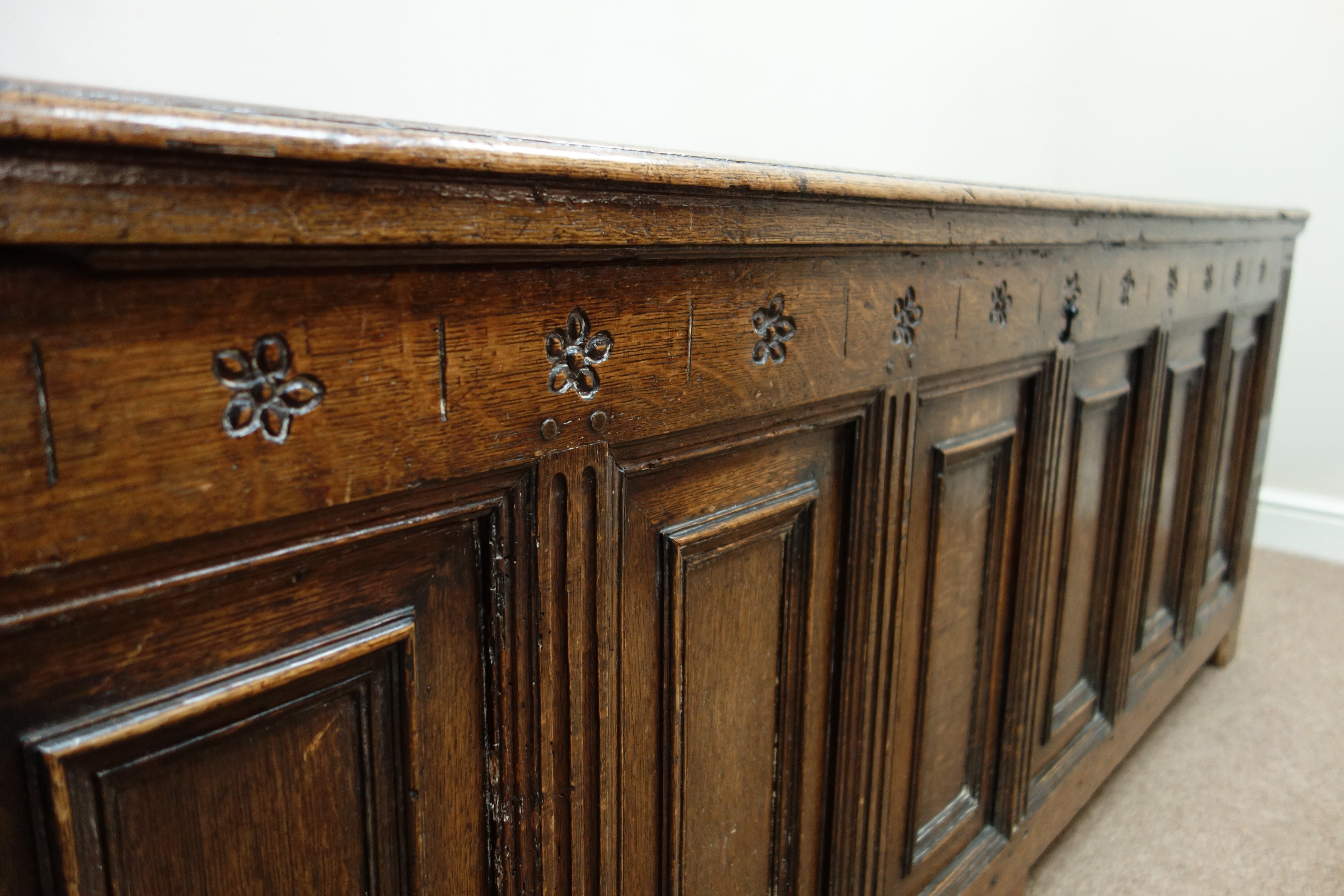 Large 18th century oak six fielded panel blanket box, hinged lid, fluted supports, - Image 2 of 2