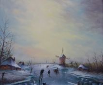 Figures Skating in a Winter Landscape, oil on canvas signed Foster,