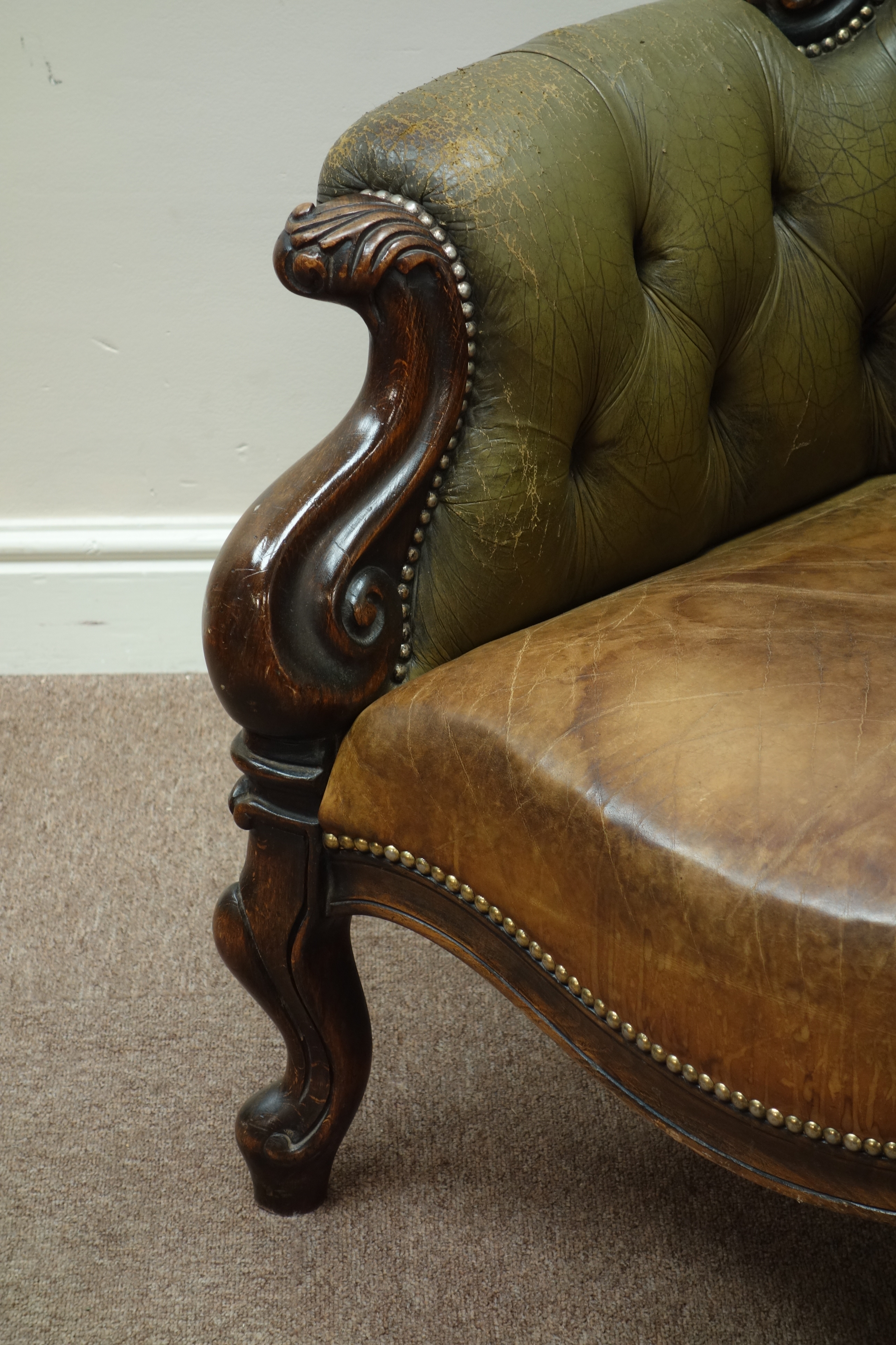Early 20th century beech framed armchair, wide serpentine seat, upholstered seat and buttoned back, - Image 3 of 3