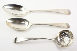 George III silver sifting spoon by William Cattell London 1782 and two Georgian tablespoons (marks