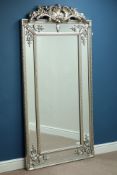 Large rectangular wall mirror in ornate silvered cushion frame with pediment, W92cm,