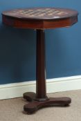 19th century games table, circular inlaid elm and ebony chessboard top, two drawers,