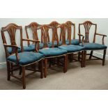 Set eight (6+2) early 19th century elm dining chairs, fret work splat back,