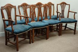 Set eight (6+2) early 19th century elm dining chairs, fret work splat back,