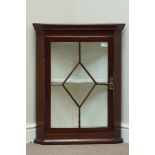 Small early 20th century mahogany wall hanging corner display cabinet, astragal glazed door, W60cm,