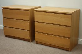 Pair light oak three drawer chests, W81cm, H78cm,