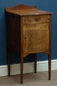 19th century walnut serpentine front bedside pot cupboard, single drawer, square tapering supports,