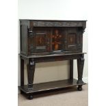 18th century and later oak court cupboard on stand, inlaid and panelled doors,
