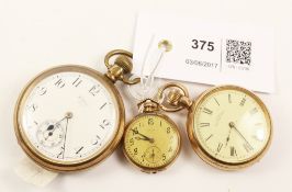 Three Waltham gold-plated crown wound pocket watches, fob,