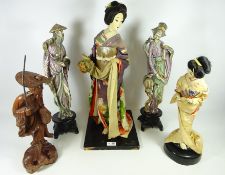 Large Cloth Geisha doll / figure, a smaller figure of a geisha, Oriental carved wood figure,