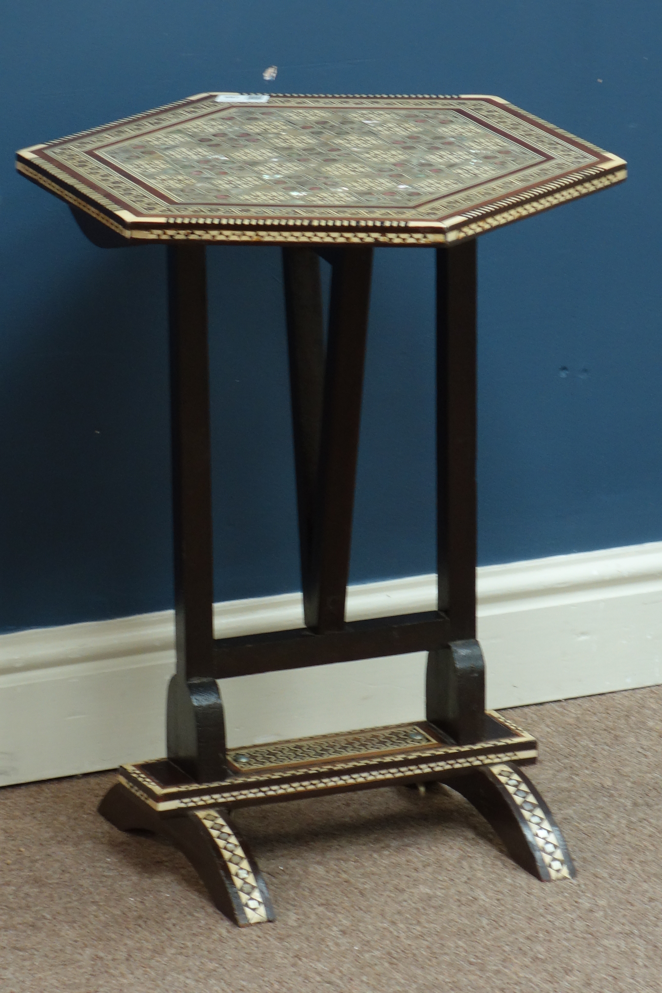 Anglo-Indian inlaid hardwood hexagonal tilt top occasional table,