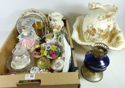 Victorian wash bowl and jug, Minton bowl, Royal Doulton figurine, oil lamp,