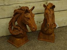 Pair cast iron horse head gatepost figures (looking left and right),