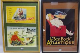 Vintage Retro Poster - Vespa Scooter adverts framed as one & Le ' Bon Bock' Atlantique 68cm x 48cm