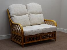 Two seat bamboo conservatory sofa (W120cm), and matching pair of armchairs,