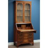 Mid 20th century walnut and figured walnut bureau bookcase, fall front and four drawers,