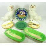 Two Beswick celery dishes, Royal Doulton series ware plates, pair of Staffordshire dogs,