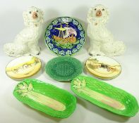 Two Beswick celery dishes, Royal Doulton series ware plates, pair of Staffordshire dogs,