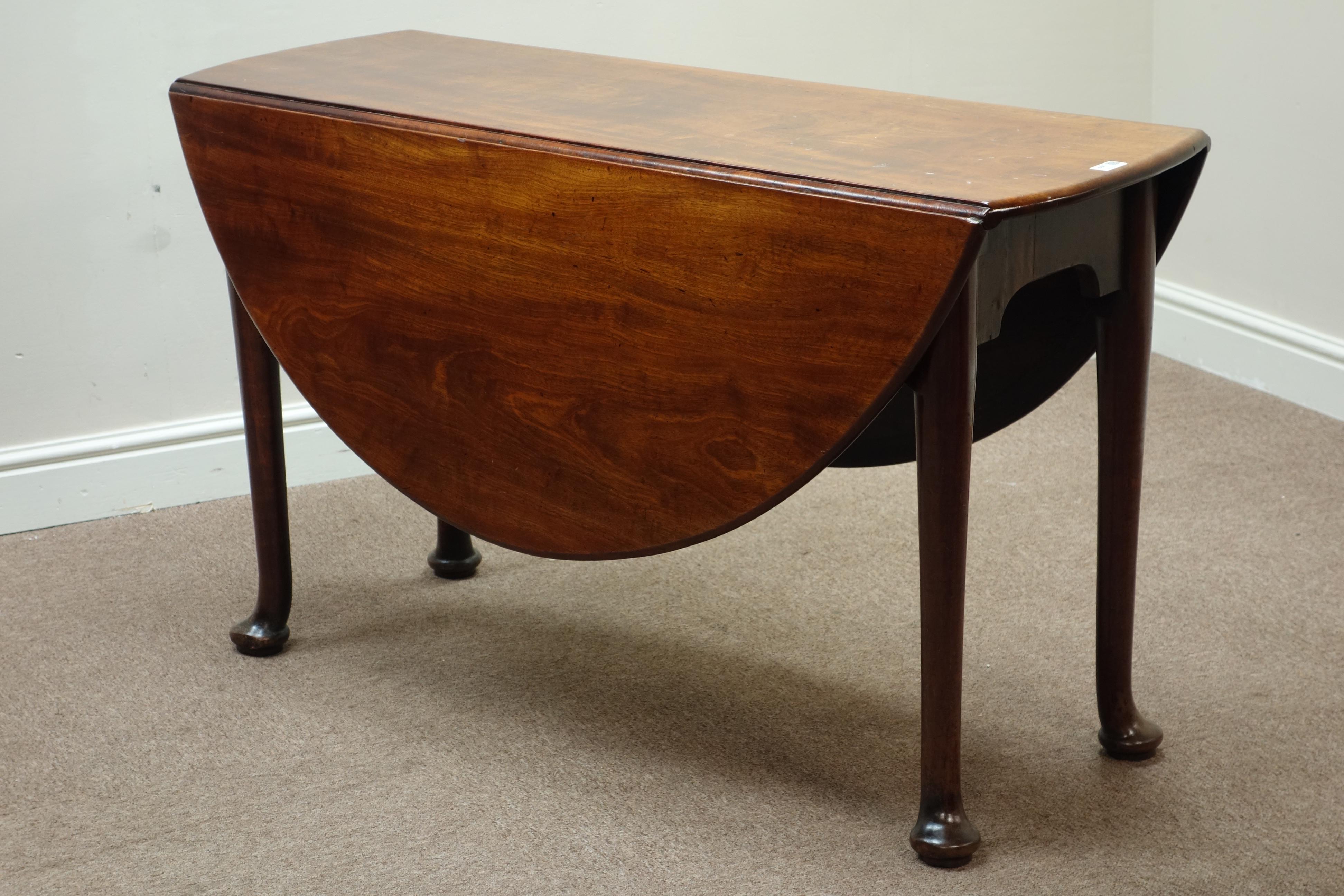 19th century mahogany drop leaf dining table, gate leg action base, turned supports with pad feet, - Image 2 of 2