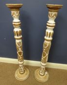 Pair of tall floor standing carved wood candle holders (2) Condition Report <a