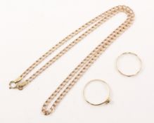 Flattened rose gold chain necklace hallmarked 9ct and two small rings hallmarked or stamped 9ct