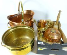 Copper coal bucket, brass planter, large keys,