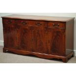 Reproduction mahogany three drawer sideboard, W152cm, H81cm,