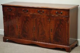 Reproduction mahogany three drawer sideboard, W152cm, H81cm,