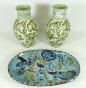 Pair of Bourne Denby Glyn Colledge vases and a Chelsea pottery shallow dish with Peacock decoration