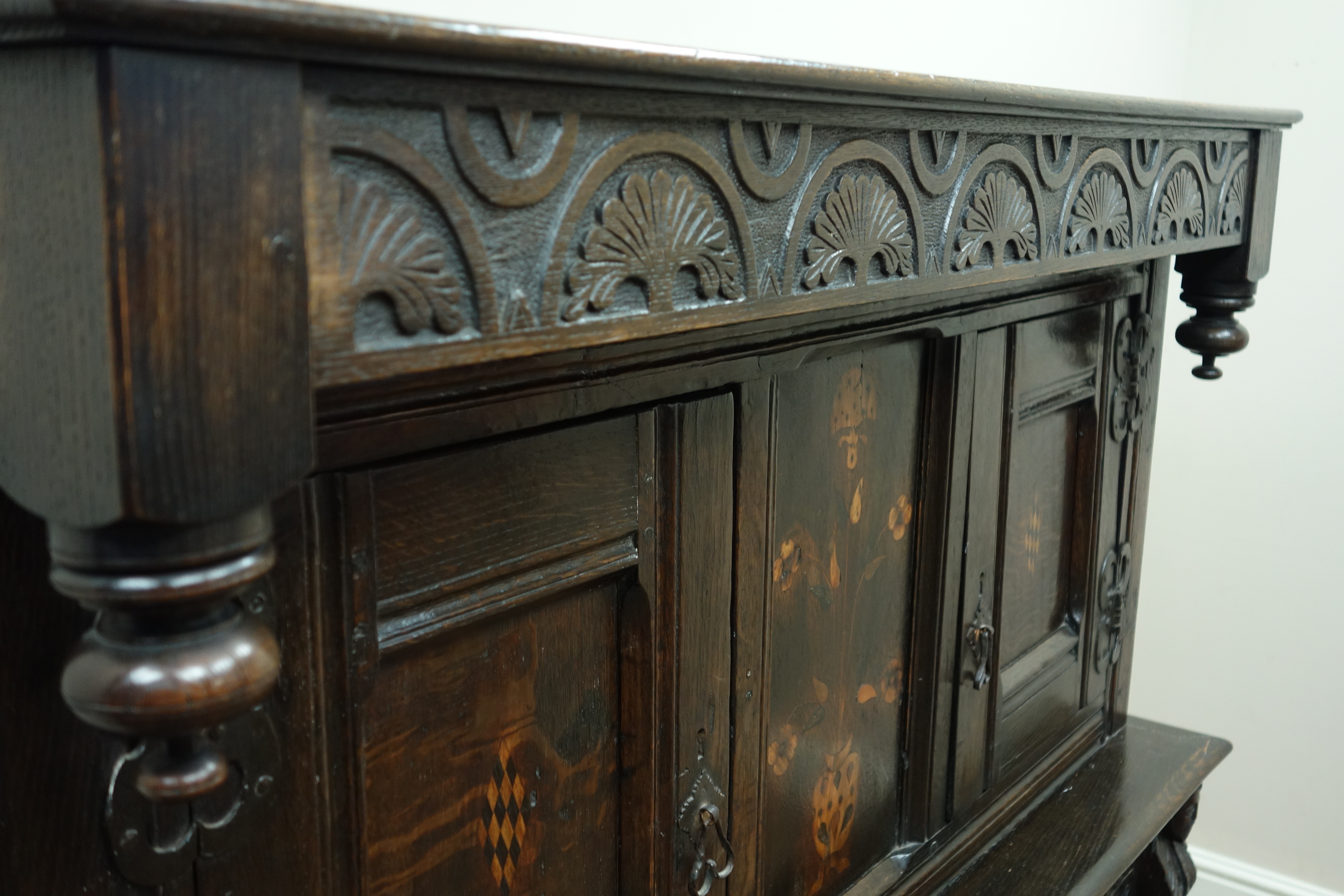 18th century and later oak court cupboard on stand, inlaid and panelled doors, - Image 2 of 3