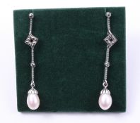 Pair of pearl and marcasite drop ear-rings stamped 925 Condition Report <a