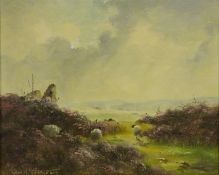 Sheep Grazing in Moorland, oil on canvas board signed Lewis Creighton (British 1918-1996),