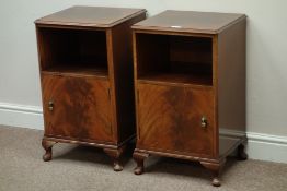 Pair mid 20th century figured mahogany bedside cabinets, W40cm, H67cm,