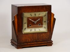 Art Deco period oak mantel clock, chiming hours and halves on gong,