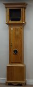 19th century waxed pine longcase clock case, shaped trunk door with bullseye glass aperture,