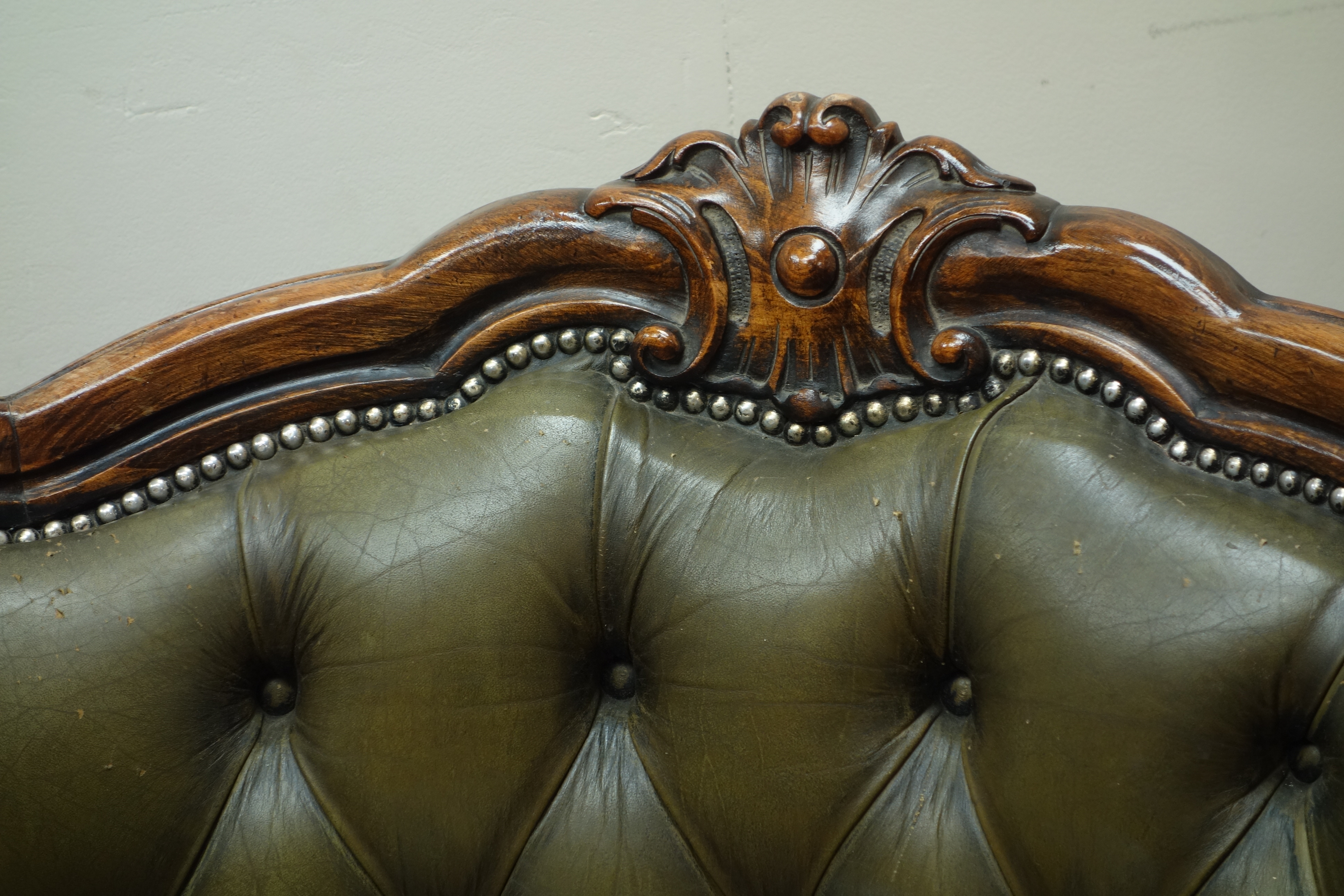 Early 20th century beech framed armchair, wide serpentine seat, upholstered seat and buttoned back, - Image 2 of 3