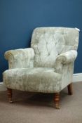 Laura Ashley tub armchair, upholstered in buttoned crushed velvet, turned beech front legs,
