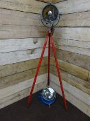Two vintage Francis M-13 grey metal Searchlights with one tripod stand,