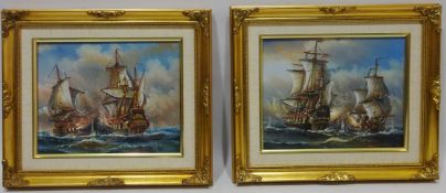 Sea Battle Ships, Two Masted Man-O-War Ships in Battle,