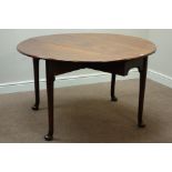 19th century mahogany drop leaf dining table, gate leg action base, turned supports with pad feet,