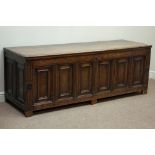Large 18th century oak six fielded panel blanket box, hinged lid, fluted supports,
