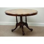 Late Victorian inlaid figured walnut loo table, oval moulded top, on five pillar base,
