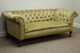 Late Victorian Chesterfield sofa, walnut feet, upholstered in buttoned fabric,