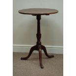 19th century circular walnut tilt top tripod table, turned elm column with three splayed legs,