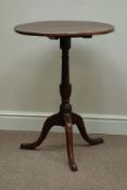 19th century circular walnut tilt top tripod table, turned elm column with three splayed legs,