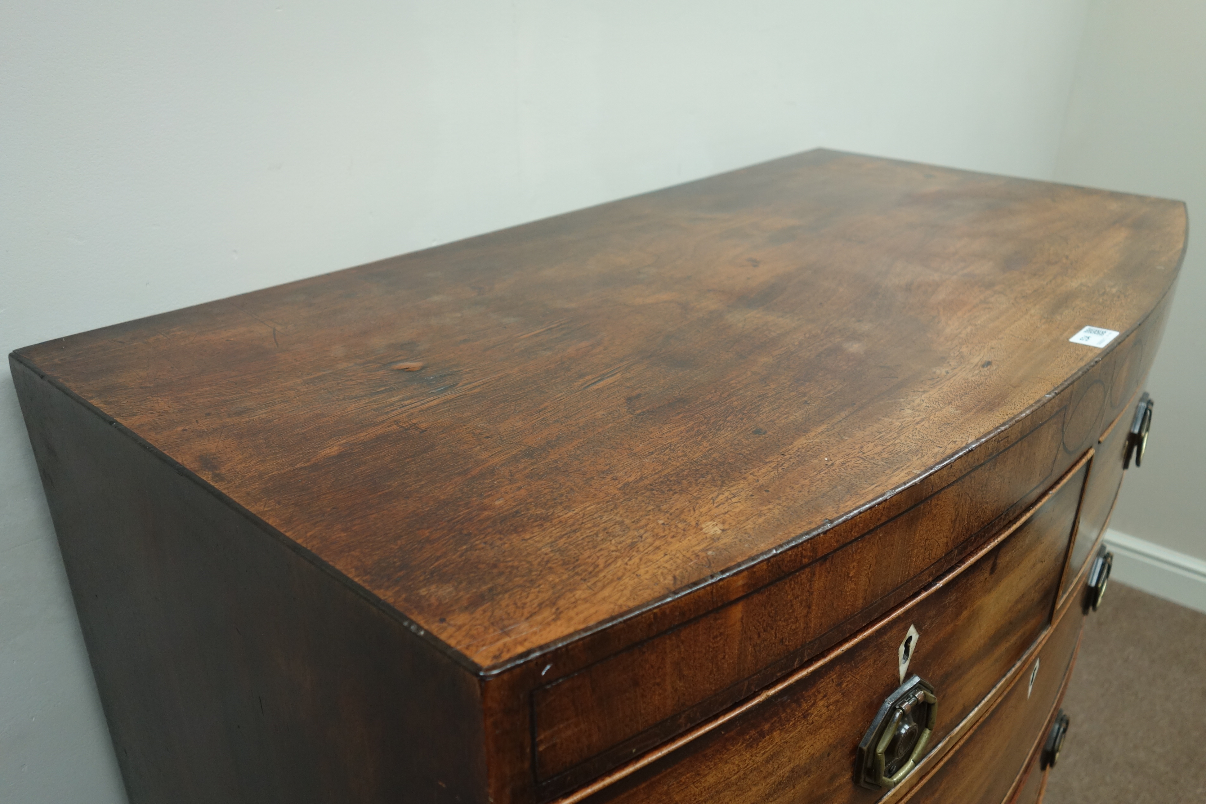 Georgian mahogany bow front chest, two short and three long drawers, splayed bracket feet, W102cm, - Image 2 of 2