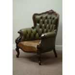 Early 20th century beech framed armchair, wide serpentine seat, upholstered seat and buttoned back,