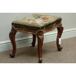 Victorian walnut stool, shaped needle work upholstered seat, carved cabriole legs,