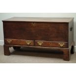 Late 18th century oak mule chest, hinged lid, two drawers, on tall bracket feet, W138cm, H75cm,