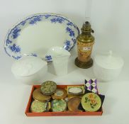 Early 20th Century French porcelain oil lamp, three pieces of Kaiser pottery,